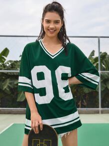 SHEIN EZwear Number Graphic Oversized Jersey Tee - Dark Green - View 4