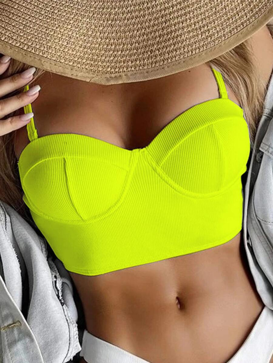 SHEIN Swim Bộ đồ tắm bikini đẩy lên sườn neon cho bãi biển mùa hè - Màu xanh chanh - Xem 1