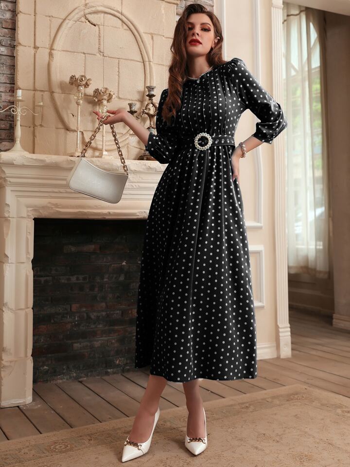 SHEIN Modely Polka Dot Print Puff Sleeve Belted Dress | SHEIN USA