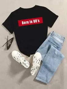 SHEIN Unity Camiseta de manga corta con estampado de slogan - Negro - Ver 1