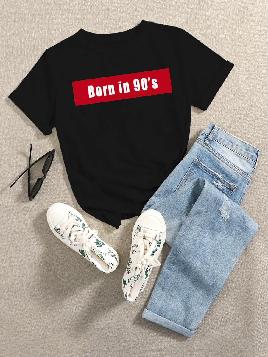 SHEIN Unity Camiseta de manga corta con estampado de slogan - Negro - Ver 1