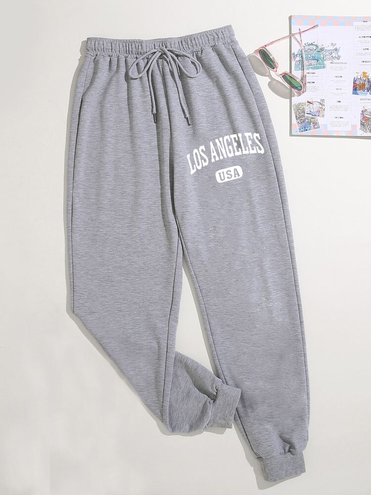 SHEIN Unity Letter Graphic Drawstring Waist Sweatpants - Light Grey - View 1