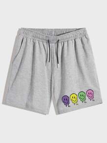 ROMWE MEN Guys Smile Face Graphic Drawstring Track Shorts - Light Grey - View 1