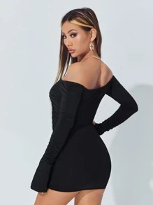 SHEIN PETITE Vestido ajustado de hombros descubiertos fruncido - Negro - Ver 2