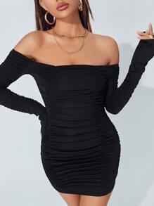 SHEIN PETITE Vestido ajustado de hombros descubiertos fruncido - Negro - Ver 3
