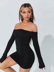 SHEIN PETITE Vestido ajustado de hombros descubiertos fruncido - Negro - Ver 5