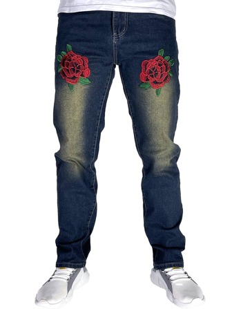 Hombres Jeans con bordado floral con lavado