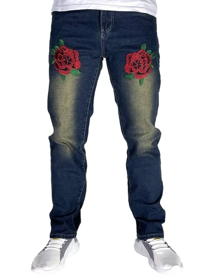 ROMWE MEN Guys Floral Embroidery Washed Jeans