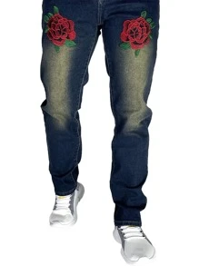 Quần Jeans Nam Nghề thêu Denim mùa giặt Hoa - Rửa tối - Xem 3