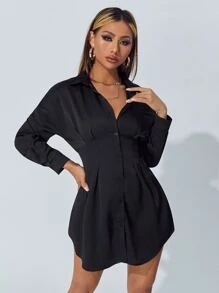 SHEIN PETITE Empire Waist Solid Shirt Dress - Black - View 1