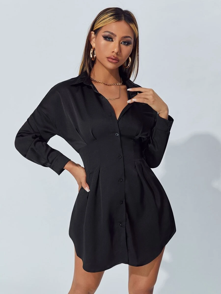 SHEIN PETITE Empire Waist Solid Shirt Dress - Black - View 1