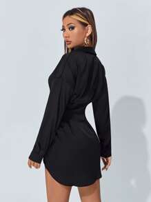SHEIN PETITE Empire Waist Solid Shirt Dress - Black - View 2