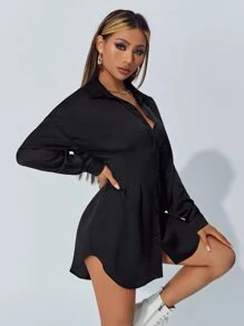 SHEIN PETITE Empire Waist Solid Shirt Dress - Black - View 3