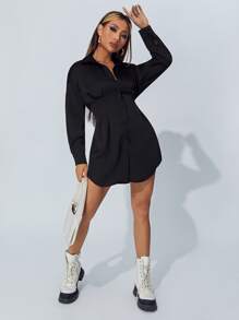 SHEIN PETITE Empire Waist Solid Shirt Dress - Black - View 4