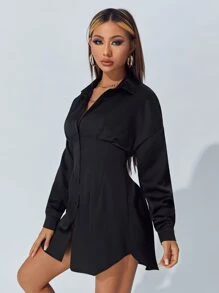SHEIN PETITE Empire Waist Solid Shirt Dress - Black - View 5