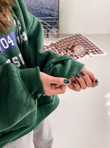 DAZY Letter Graphic Big Pocket Drawstring Thermal Hoodie,Fall Women Clothes Sweatshirt - Green - View 4