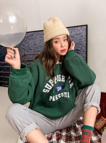 DAZY Letter Graphic Big Pocket Drawstring Thermal Hoodie,Fall Women Clothes Sweatshirt - Green - View 5