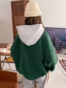 DAZY Letter Graphic Big Pocket Drawstring Thermal Hoodie,Fall Women Clothes Sweatshirt - Green - View 6