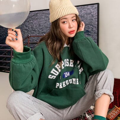 레터 그래픽 빅 포켓 드로스트링 써멀 후드티, 가을 여성 의류 스웨트셔츠