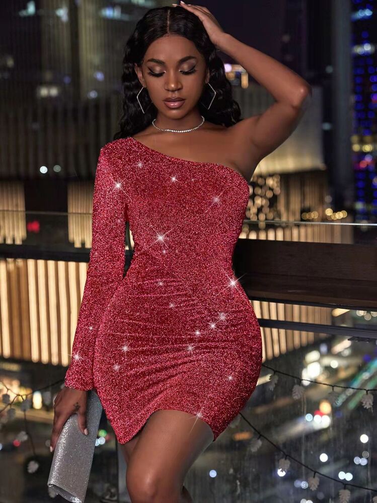 SHEIN SXY One Shoulder Ruched Glitter Bodycon Dress | SHEIN USA