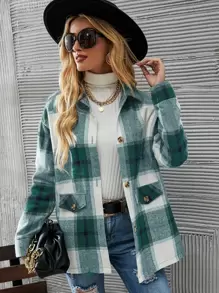 SHEIN LUNE Plaid Drop Shoulder Overcoat - Green - View 1