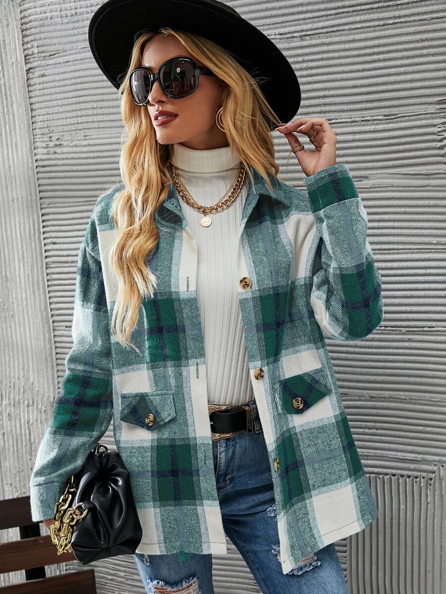 SHEIN LUNE Plaid Drop Shoulder Overcoat - Green - View 1