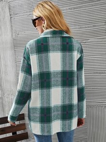 SHEIN LUNE Plaid Drop Shoulder Overcoat - Green - View 2