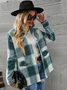 SHEIN LUNE Plaid Drop Shoulder Overcoat - Green - View 3