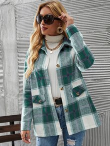 SHEIN LUNE Plaid Drop Shoulder Overcoat - Green - View 4