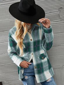 SHEIN LUNE Plaid Drop Shoulder Overcoat - Green - View 5