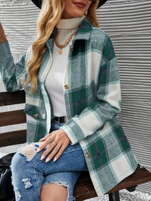 SHEIN LUNE Plaid Drop Shoulder Overcoat - Green - View 6