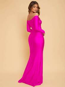 SHEIN Belle 螢光紅素色一字肩高衩連衣裙