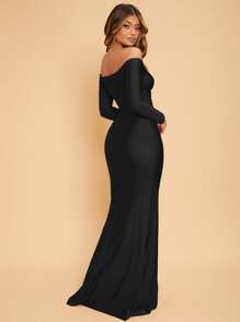 SHEIN Belle 素色一字肩高衩洋裝 - 黑色 - 查看 2