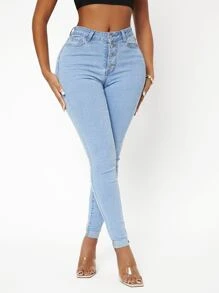 SHEIN SXY Curvy High Stretch Skinny Jeans - Light Wash - View 2