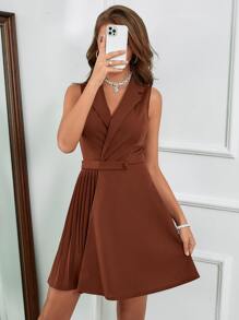 SHEIN LUNE 素色百褶西裝連衣裙 - 咖啡棕 - 查看 2