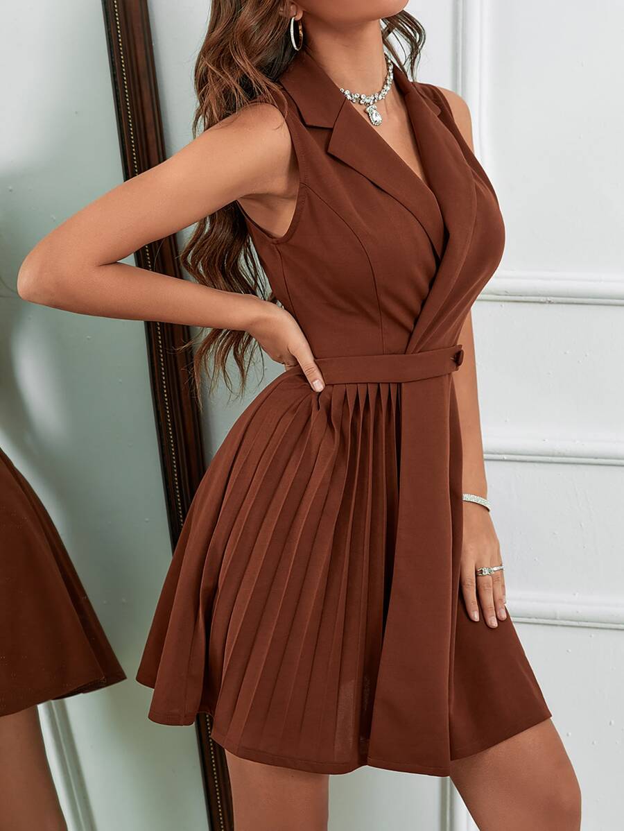 SHEIN LUNE 素色百褶西裝連衣裙 - 咖啡棕 - 查看 1