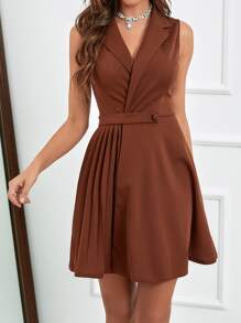 SHEIN LUNE 素色百褶西裝連衣裙 - 咖啡棕 - 查看 5