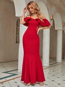 SHEIN Belle 挖肩荷葉邊細節魚尾裙下擺伴娘洋裝 - 紅色 - 查看 1