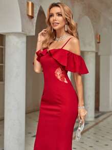 SHEIN Belle 挖肩荷葉邊細節魚尾裙下擺伴娘洋裝 - 紅色 - 查看 4