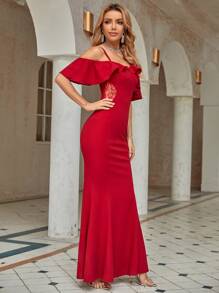 SHEIN Belle 挖肩荷葉邊細節魚尾裙下擺伴娘洋裝 - 紅色 - 查看 5