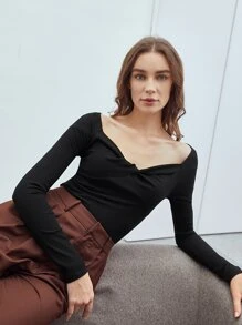 MOTF Áo thun nữ xoắn lại Gân đan màu trơn Giải trí - màu đen - Xem 3