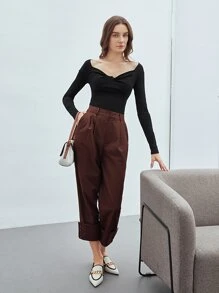 MOTF Áo thun nữ xoắn lại Gân đan màu trơn Giải trí - màu đen - Xem 5