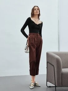 MOTF Áo thun nữ xoắn lại Gân đan màu trơn Giải trí - màu đen - Xem 6