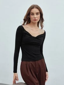 MOTF Áo thun nữ xoắn lại Gân đan màu trơn Giải trí - màu đen - Xem 7