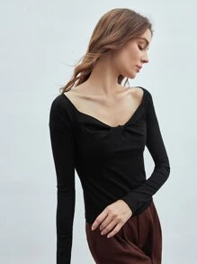 MOTF Áo thun nữ xoắn lại Gân đan màu trơn Giải trí - màu đen - Xem 8