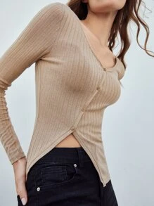 SHEIN Asymmetrical Hem T-Shirt - Khaki - View 5