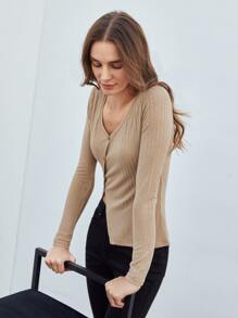 SHEIN Asymmetrical Hem T-Shirt - Khaki - View 6