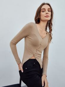 SHEIN Asymmetrical Hem T-Shirt - Khaki - View 8