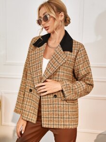 SHEIN Unity Lapel Collar Double Button Placket Plaid Pattern Overcoat - Multicolor - View 1