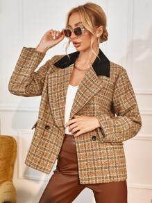 SHEIN Unity Lapel Collar Double Button Placket Plaid Pattern Overcoat - Multicolor - View 3
